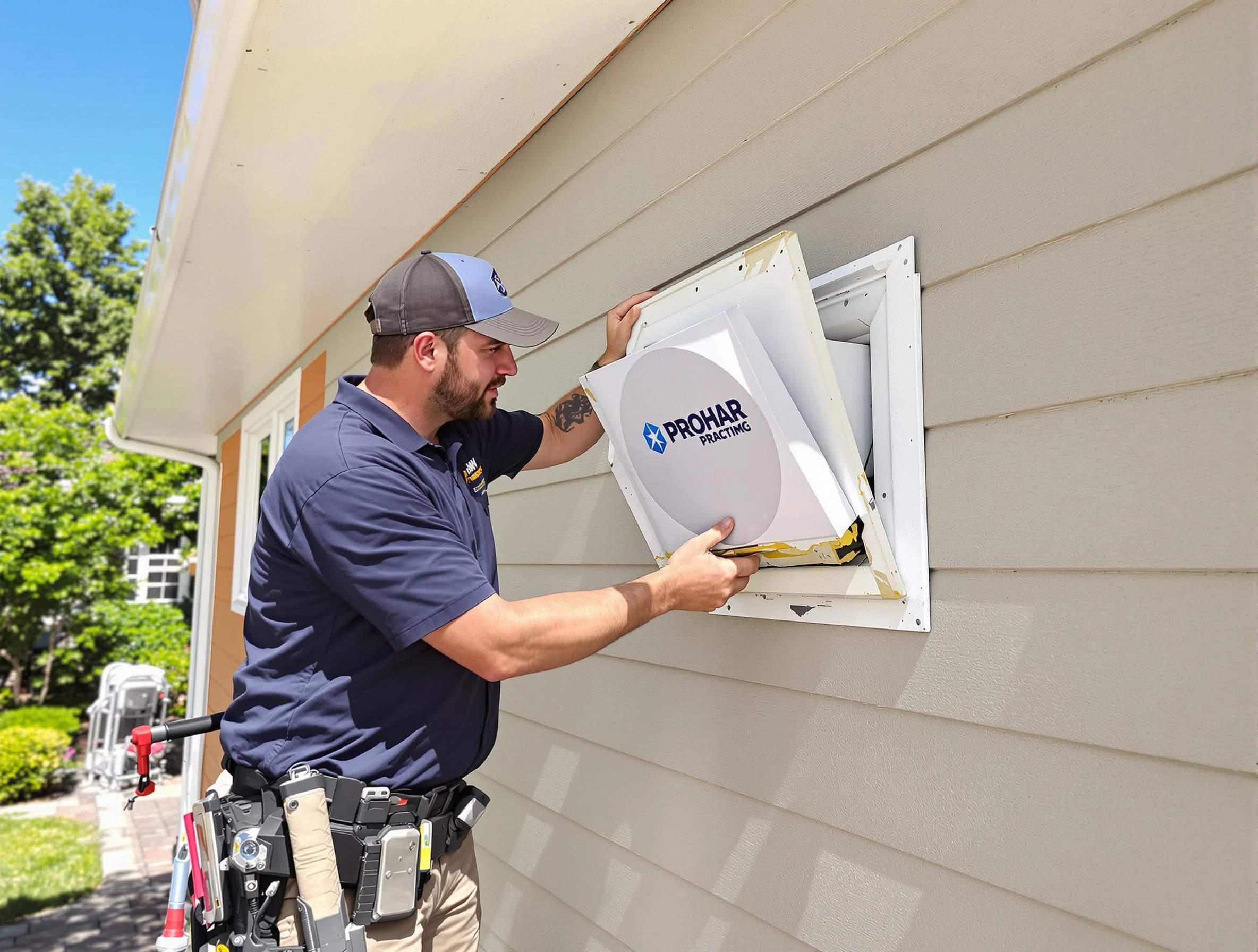 Fayetteville Dryer Vent Cleaning technician installing a new protective dryer vent cover on a home in Fayetteville