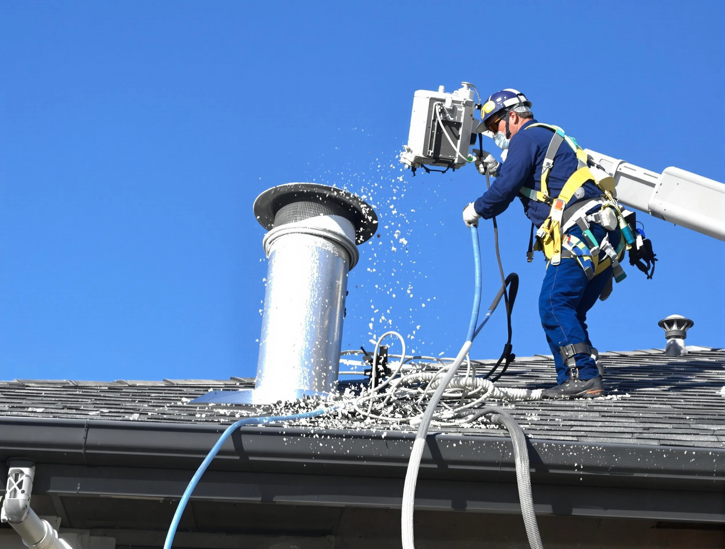 Fayetteville Dryer Vent Cleaning certified technician safely cleaning a roof-mounted dryer vent in Fayetteville
