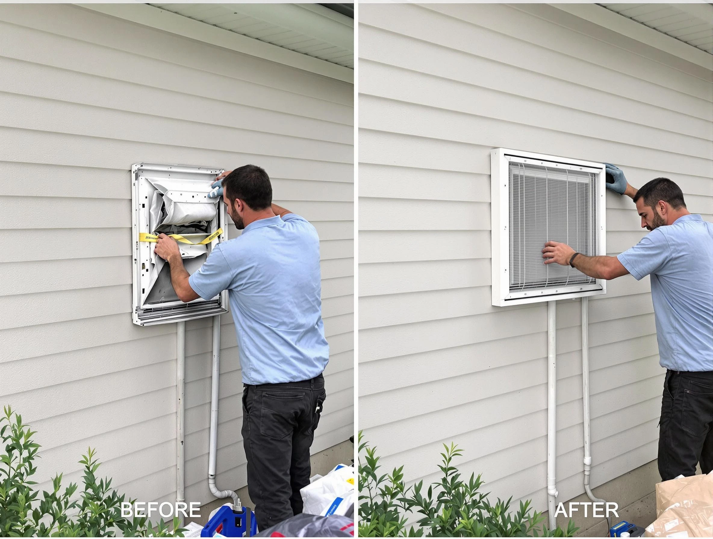 Fayetteville Dryer Vent Cleaning technician installing high-quality dryer vent cover at a residential property in Fayetteville